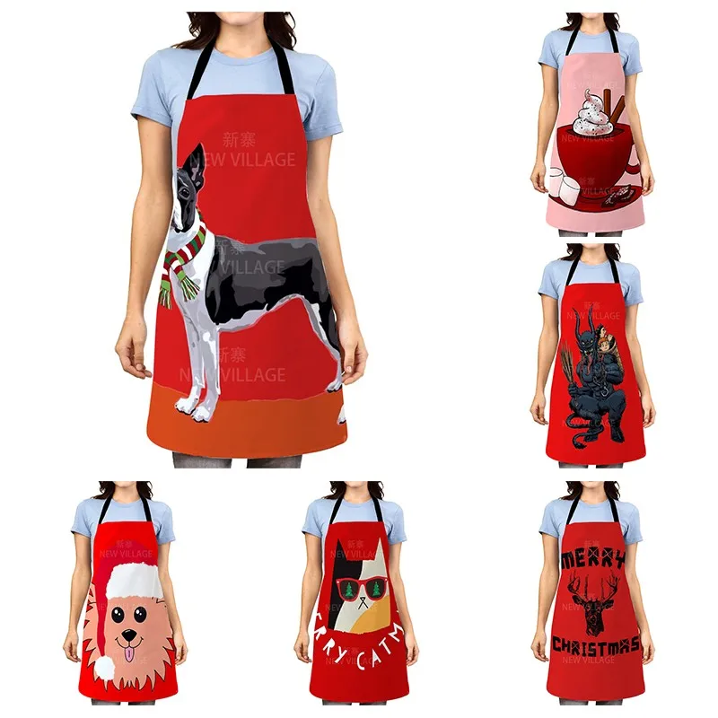 1 Pcs Merry Christmas Car Tree Red Plaid Kitchen Aprons for Woman Man Home Cooking Baking Shop Cleaning Cotton Linen Apron