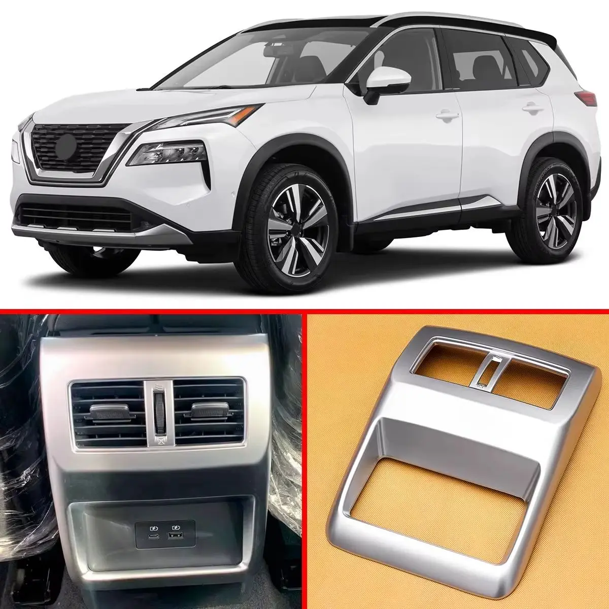 Matte Chrome Car Interior Rear Armrest Air Vent Cover Trims For Nissan Rogue 2021-2026 / X-Trail XTrail T33 2023-2026