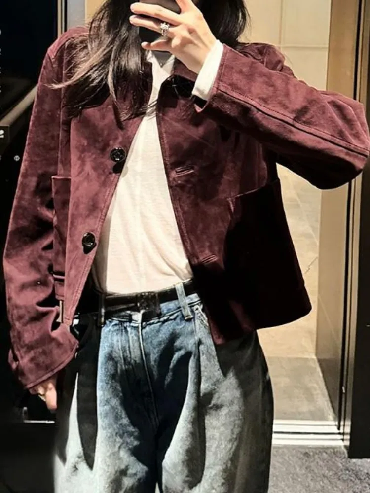 Mode Lose Revers Lange Ärmel Schaffell Kurze Jacke Freizeit Einfarbig Tasche Einreiher Echtes Leder Weiblichen Mantel