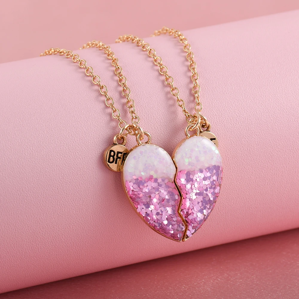 Winoneday 2Pcs/set Sequin Heart-shaped Stitching Best Friend Necklace BFF Friendship Jewelry Gifts for Women