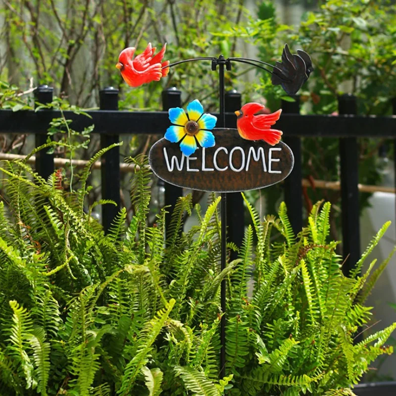 1 Piece Garden Stake Rotary Flower Bird Windmills Lawn Ornament With Welcome Sign As Shown For Patios Parks Lawn