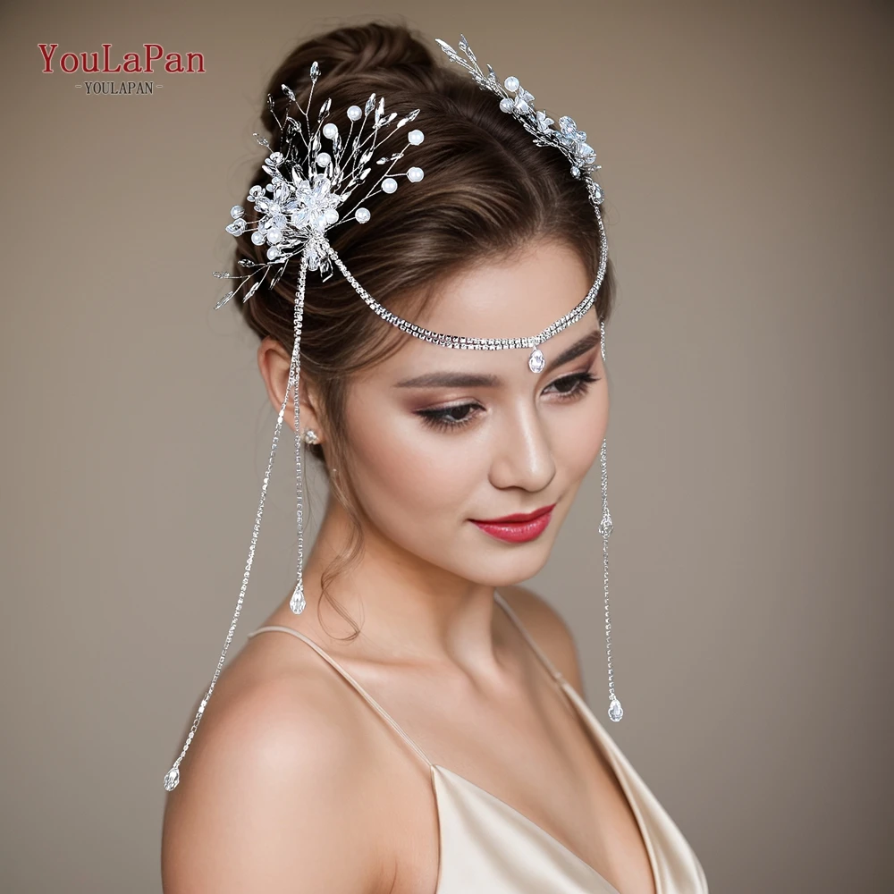 YouLaPan Bridal Hair Clips Tassels Bride Forehead Accessories Crystal Headdresses Rhinestone Chain Headpiece for Wedding HP679