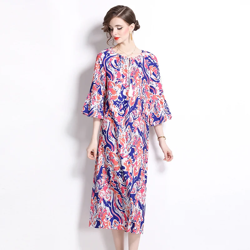 Europe And America New Fashion Vintage Boho Holiday O Neck Three Quarter Casual Loose Summer Women Print Long Dresses