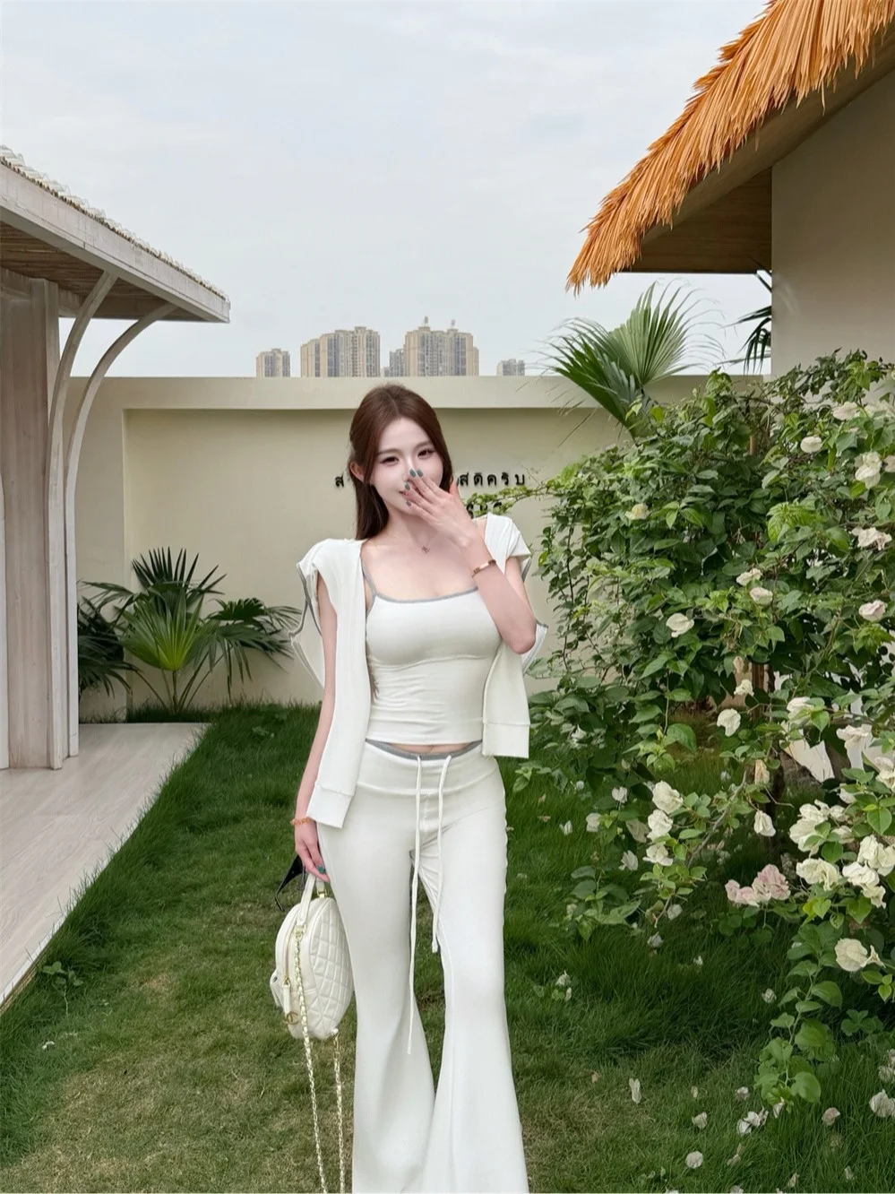 White Hooded Long Sleeve Open Cardigan Inner Short Strap Vest Women Summer Pure Desire Set Flared Pants Two Piece Set view 5