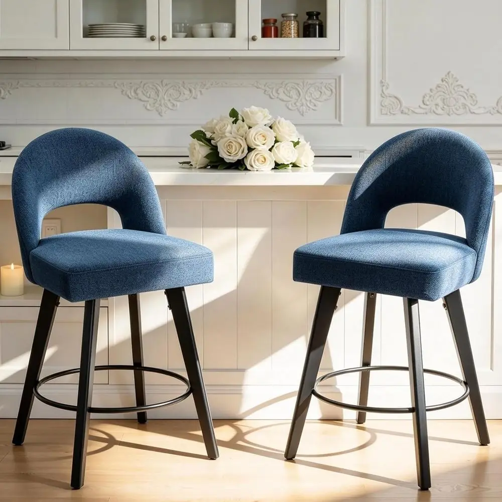 

Set of 2 Blue Upholstered 26 Counter Height Swivel Bar Stools with Backrest and Wood Legs for Kitchen Island