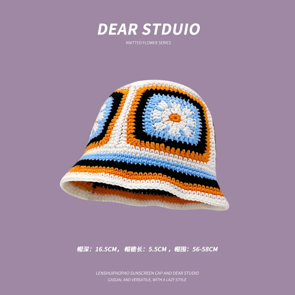 Japanese Hollow Flower Crochet Bucket Hat Bikini Knit Fisherman Hat for Women Autumn Winter Sweet Wool Beanies