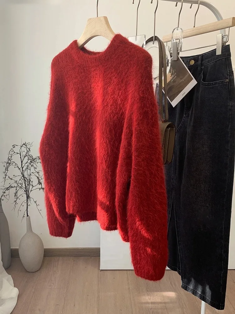 High End Durable Not Tacky~Christmas And New Year Red Faux Mink Fur Sweater, Women's Plush Knitted Top, Base Sweater