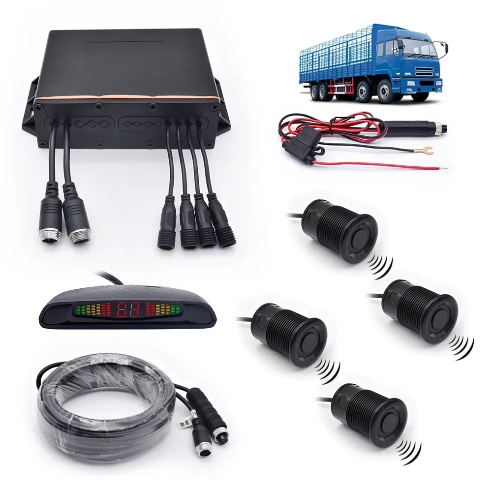 202524V Truck Blind Spot Detection Reversing Aids Alarm System, Wireless LED Display with 4pcs Parking Sensors for Heavy Vehicle