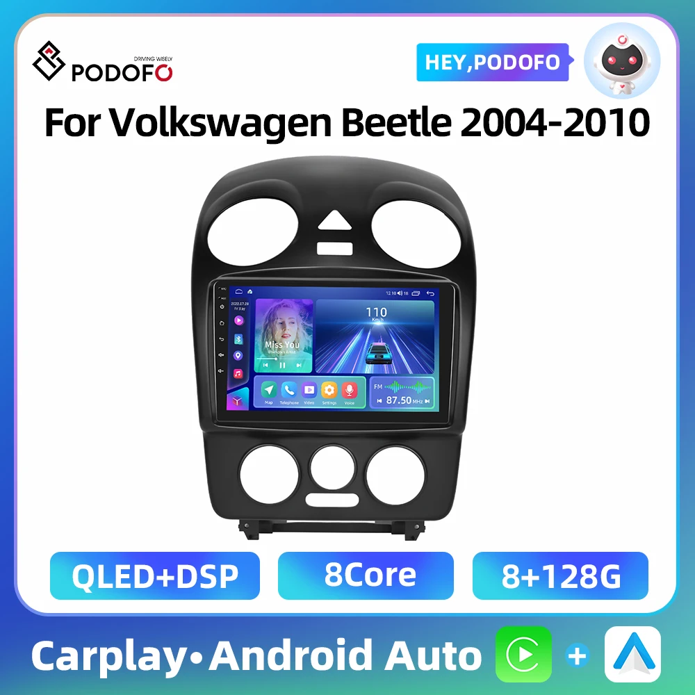 Podofo 9'' Android Car Radio For Volkswagen Beetle 2004-2010 2Din Multimedia Player Carplay Android Auto WIFI GPS 128G Autoradio