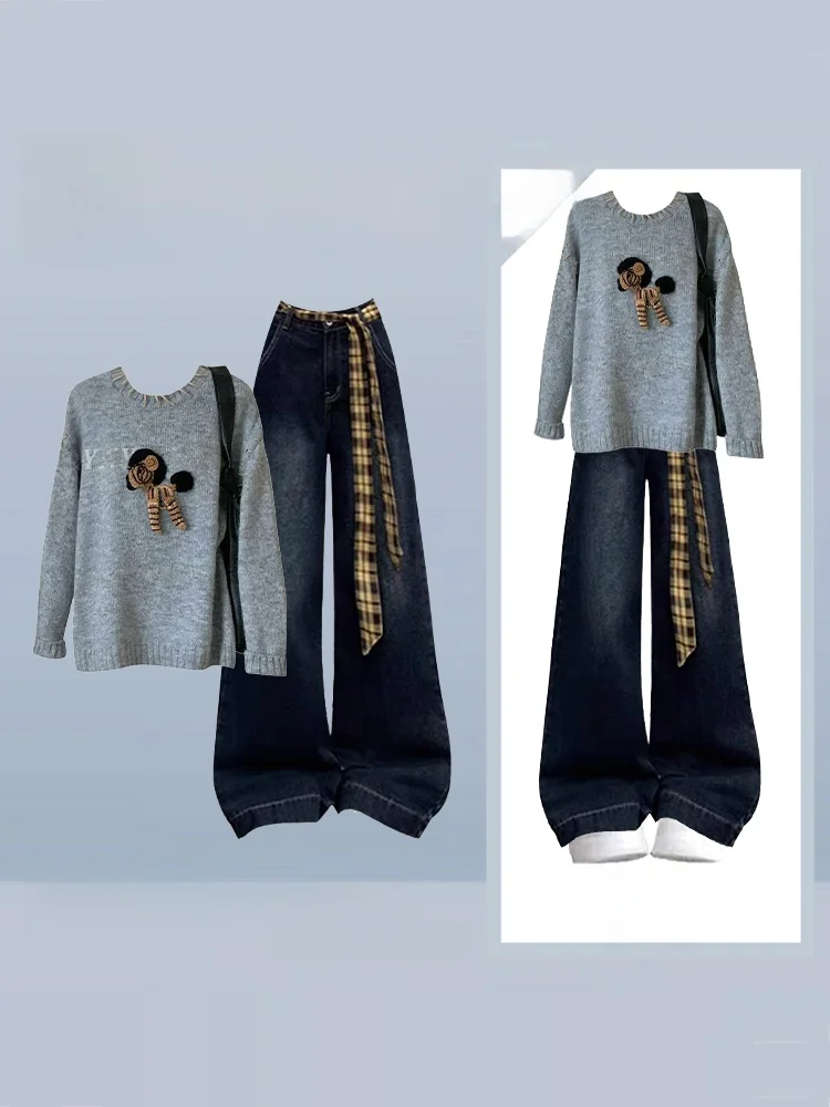 

Корейский вязаный открытый кардиган с вышивкой, широкий джинсовый комплект, женский осенне-зимний дизайн, утягивающий два пи...