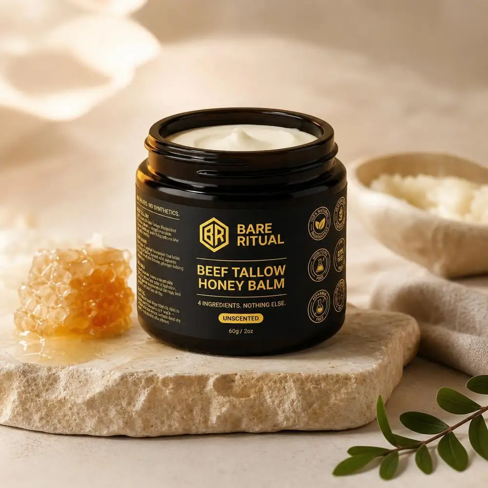 Bare Ritual Unscented Beef Tallow Honey Balm Deep Hydrating Nourishing Skin Balm For Dry Rough Skin LongLasting Moisture 60g
