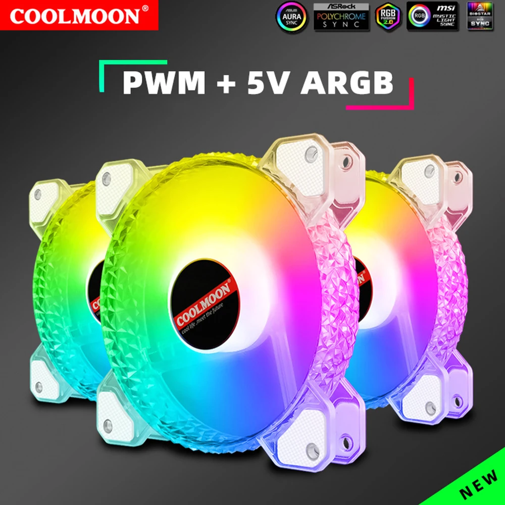 Coolmoon-ventilador RGB de 12CM, Control PWM, 5V, ARGB, 3 pines, disipador térmico de chasis, silencioso, AURA SYNC, 4 pines, para carcasa de PC,