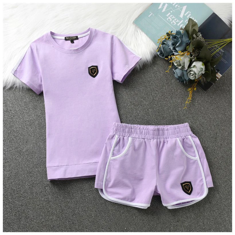 

2025 Short Sleeved Shorts Sports Suit for Women Round Neck Pure Cotton Slim Fit Solid Color Women's Casual Tracksuit