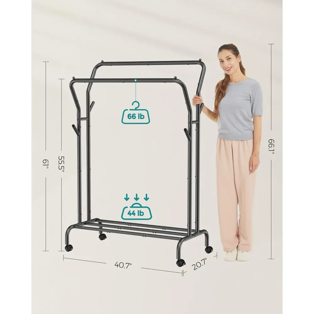 Clothes Rack, Double-Rod Clothing Rack for Hanging Clothes with Wheels, Garment Rack, Metal Frame, 220 lb Max. Total Load, 40.7