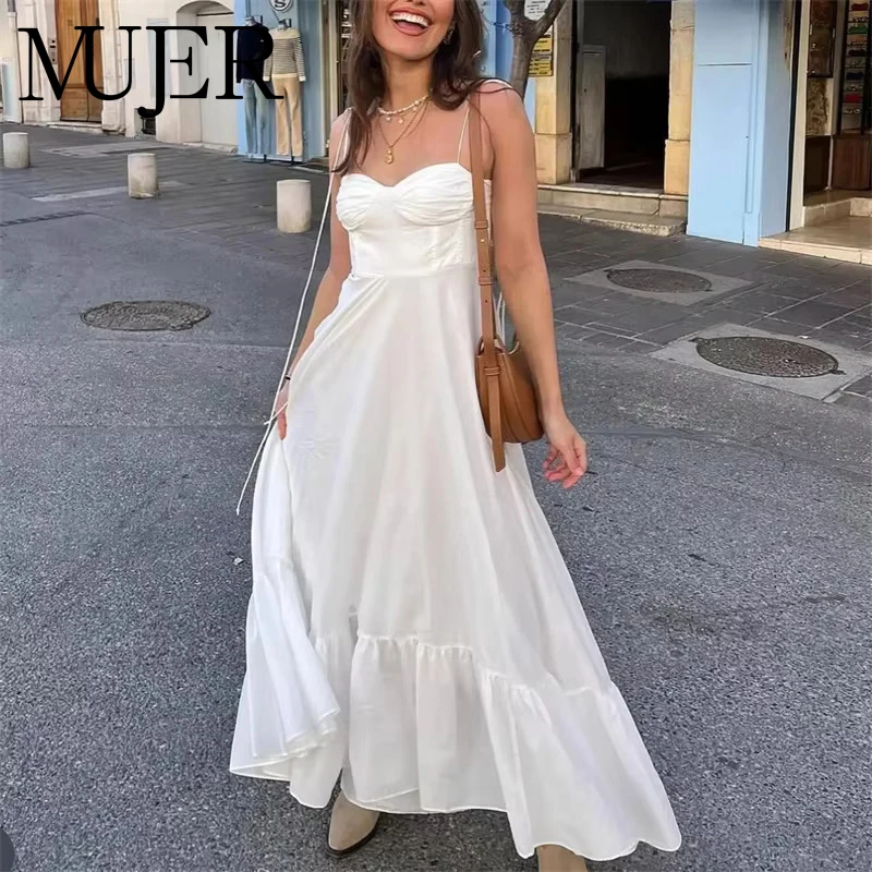MUJER Witte Slip Lange Jurken voor Vrouwen Geplooide Maxi Jurk Vrouw 2025, Sexy Backless Damesjurken Semi Sheer Strand Vrouwelijke Jurk