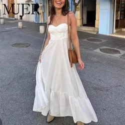 MUJER White Slip Long Dresses for Women Pleated Maxi Dress Woman 2025 Sexy Backless Womens Dresses Semi Sheer Beach Female Dress