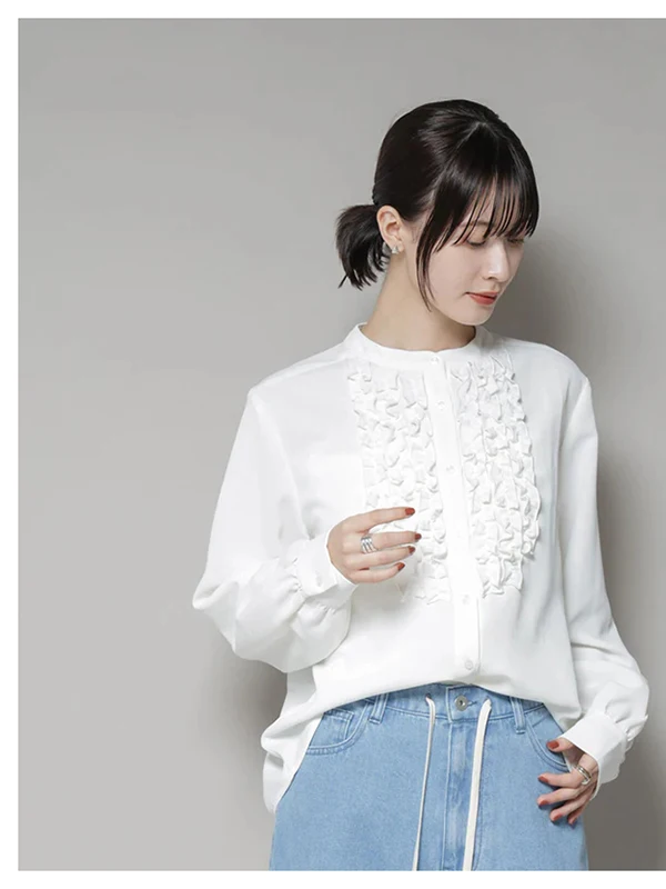

Spring Summer Commuter Chic Long Sleeve Stand Collar Decorative Wood Grain Pure Color Women's Shirt Casual Loose Fit