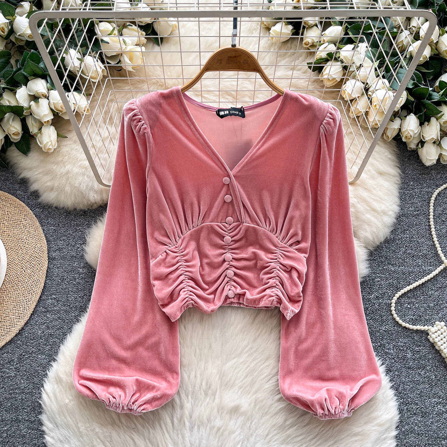 섹시한 긴 소매 랜턴 슬리브 벨루어 슬림 탱크 탑, 시크한 여성 파티 탑, Y2K 하이 스트리트 여성 의류