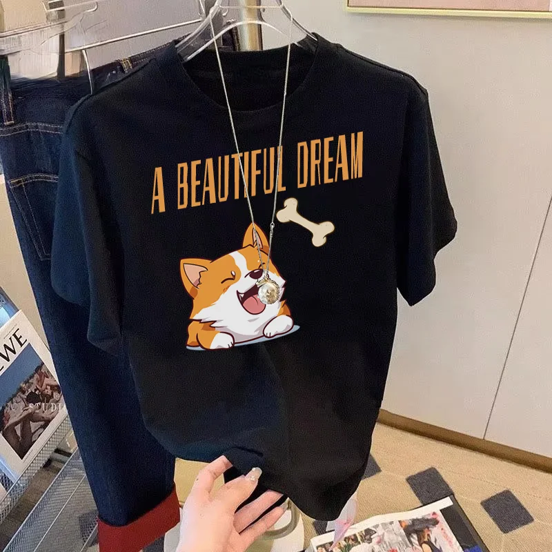 Original cotton design Cartoon creation A Beautiful dream corgi printed men and women summer relaxed round neck top y2k clothes