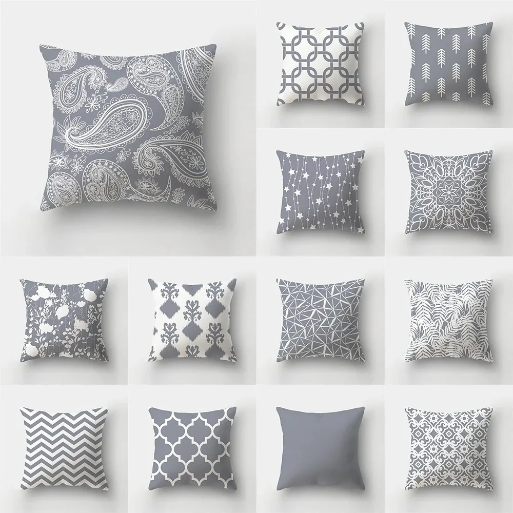 Home Living Room Sofa Bedroom Decorative Pillowcase Grey Geometric Stripe Print Pattern Cushion Cover