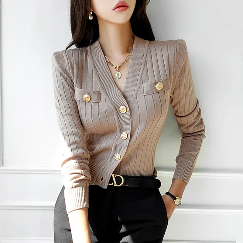 New 2024 Autumn Cardigan Crop Top V Neck Knitted Sweater Long Sleeve Top Korean Fashion Right Shoulder Elegant Women\'s Knitwears