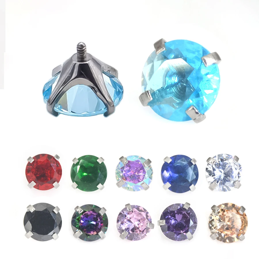 Piercings dérmicos Micro de acero quirúrgico, hilo de 1,2mm para joyería corporal Base de 1,6mm, ajuste dérmico para Pie superior de cristal redondo CZ de 14G, 1 piezas