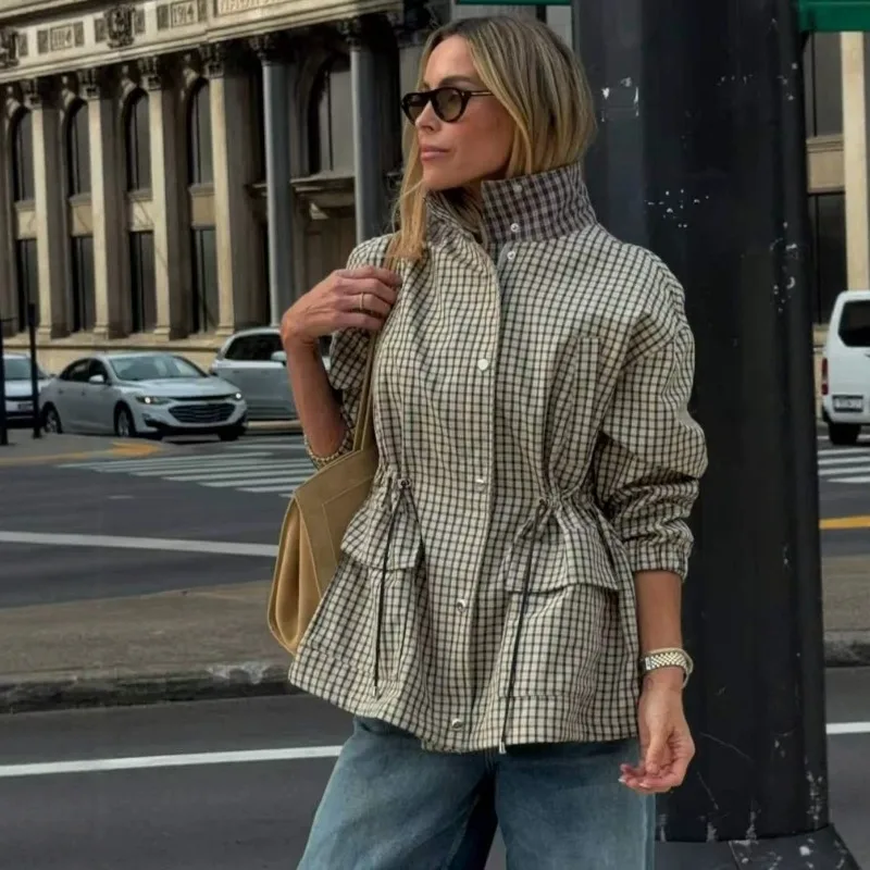 Cross-border European and American Women's Clothing 2026 Popular Fashion Long-sleeved Stand-up Collar Casual Waist Plaid Jacket
