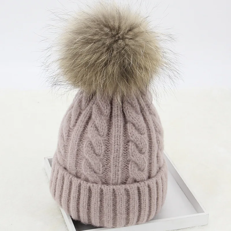 

Women's Beanies 100% Raccoon Fur Pompom Ball Winter Beanie Knitted Wool Hat Skullies Cap Ladies Knit Hats For Women Bonnet