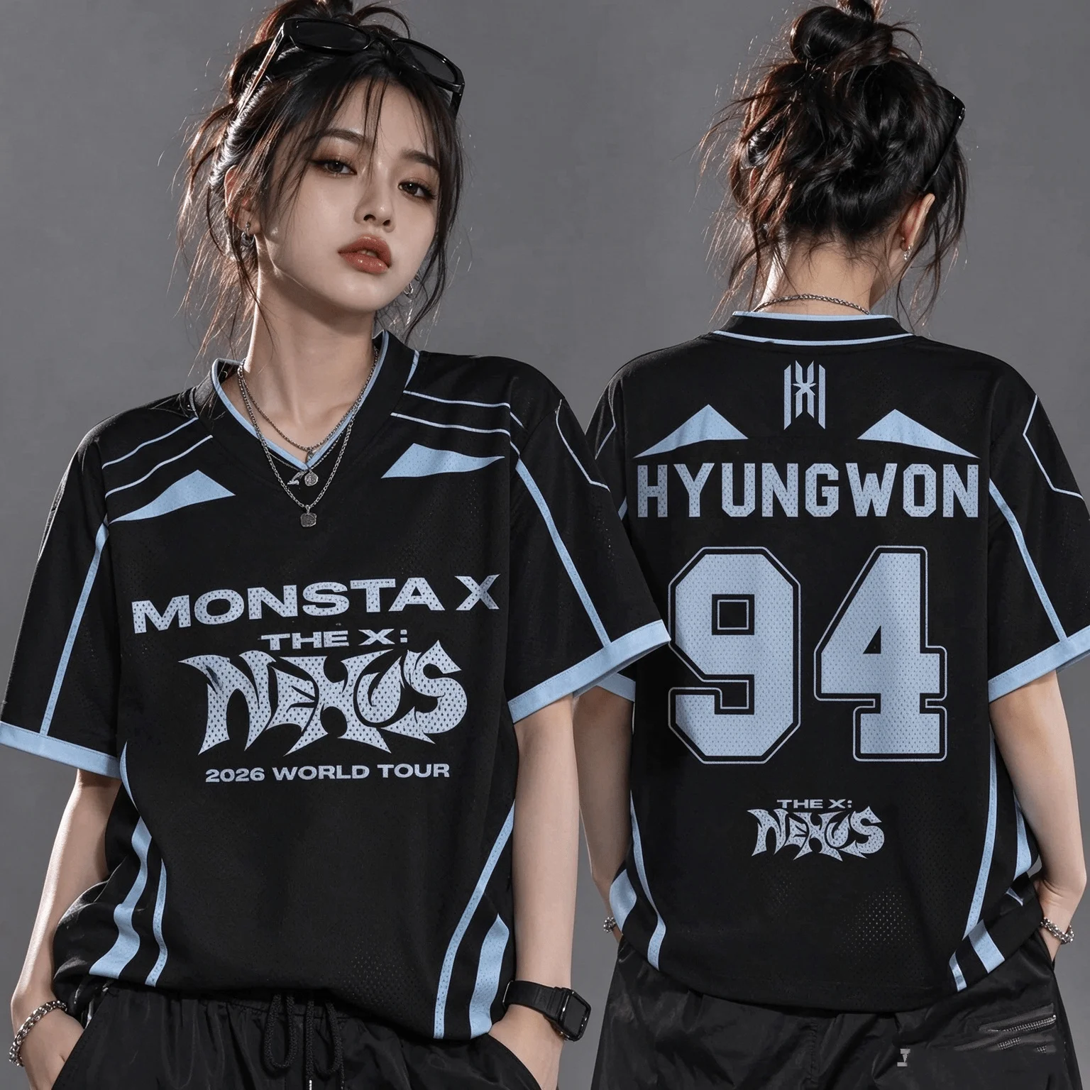 26 Summer Adult Women Galactic Monsta X World Tour The X Nexus Mixed Mesh Jersey Hyungwon Fans T-Shirt Women Men Beach T-Shirt