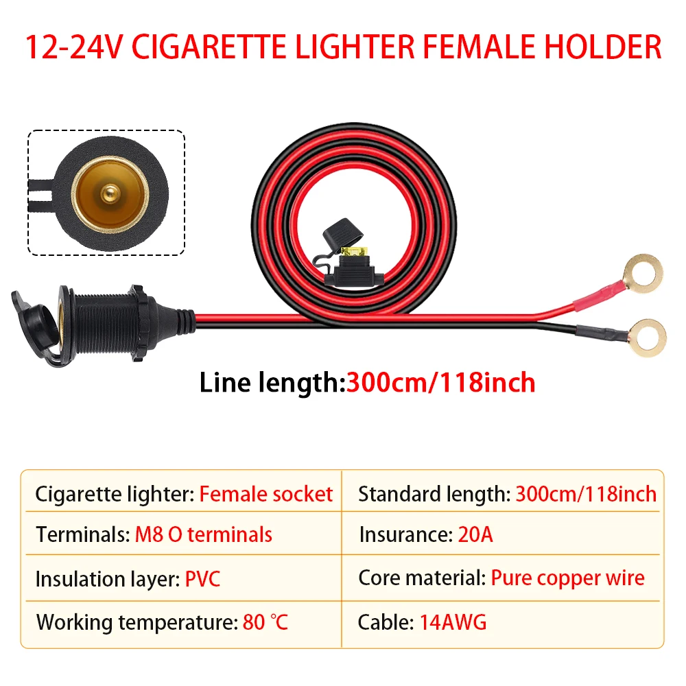 14Awg 3M Car Cigar Lighter Mother Seat DC12-24V Suitable for Motorcycle Yacht Cigarette Sockets 20A Safe High Power Cable