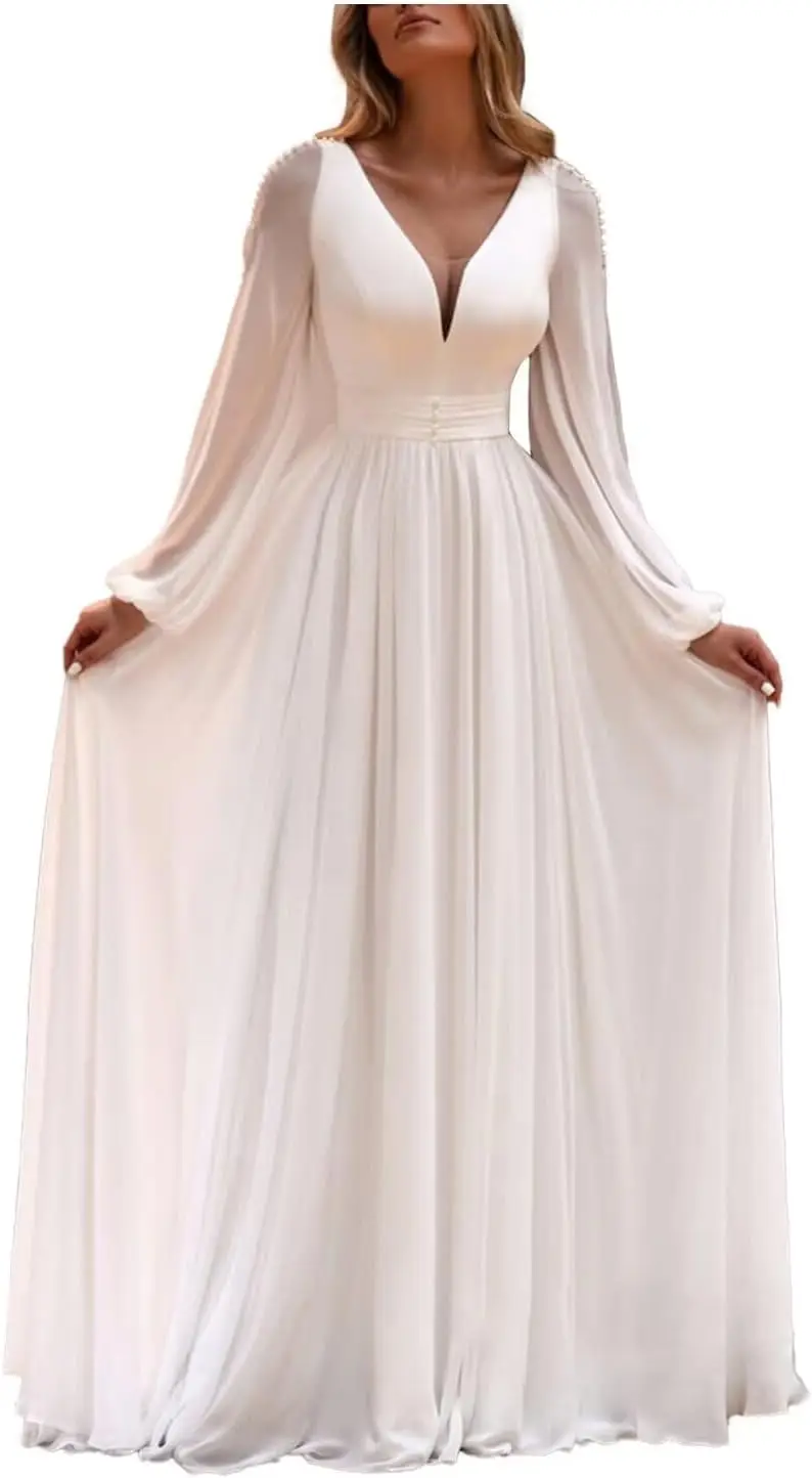 ชุดแต่งงานแขนยาวสำหรับเจ้าสาว ผ้าชีฟอง ประดับลูกปัด คอวีเซ็กซี่ ชุดเจ้าสาวสำหรับงานเลี้ยง ชุดราตรี