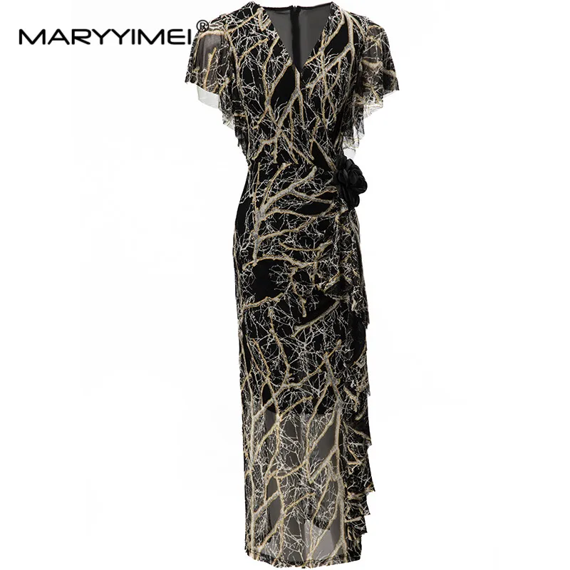 

MARYYIMEI Fashion Design Spring Summer women's V-Neck Short Sleeve Appliques Pretty Slim-Fit Hip Wrap Print High Street Dresses