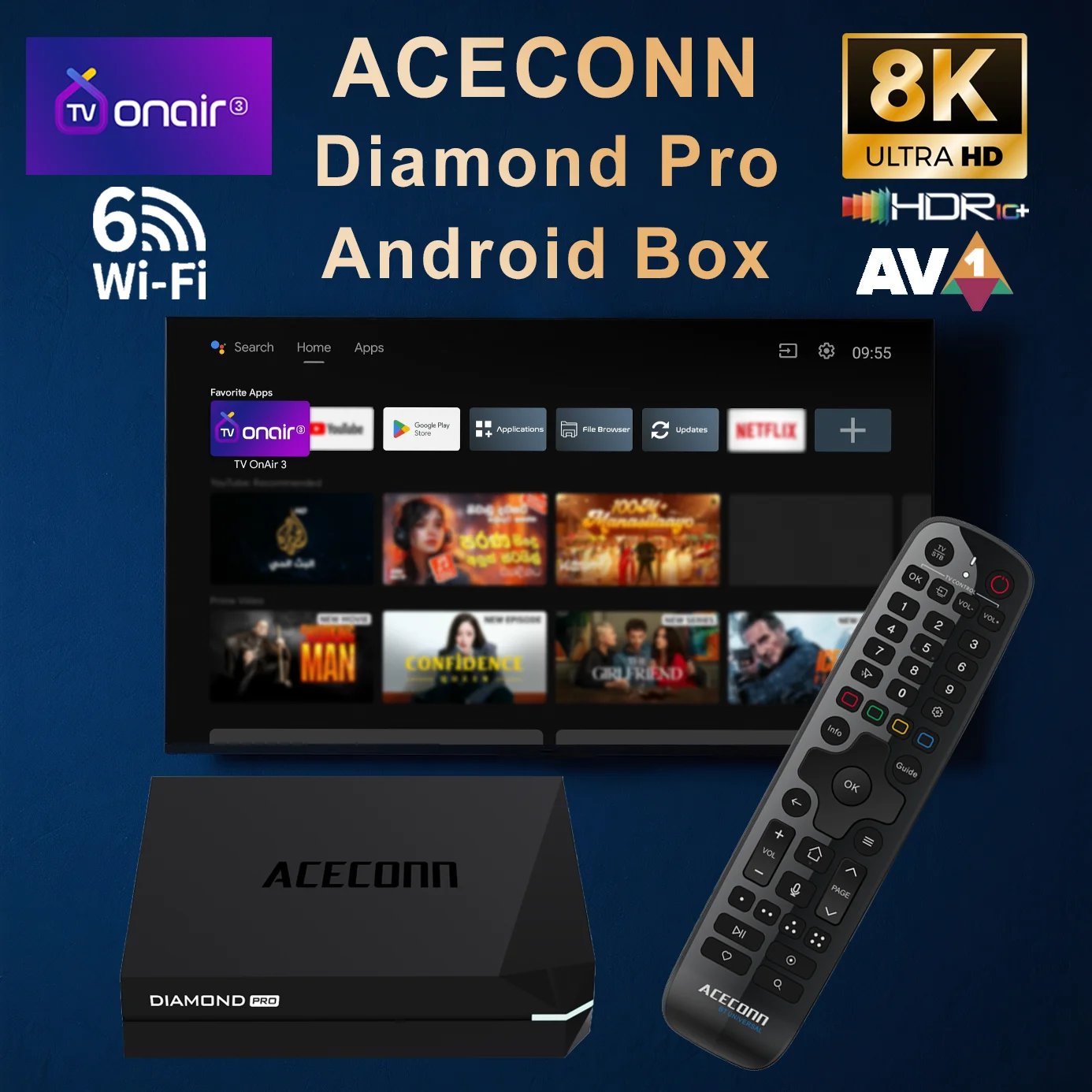

ACECONN Streaming Android IPTV Boxes 4K 8K TVONAIR3 2G 32GB WiFi6 Gigabit BT Support Voice Remote Backlight Diamond Pro TV Box