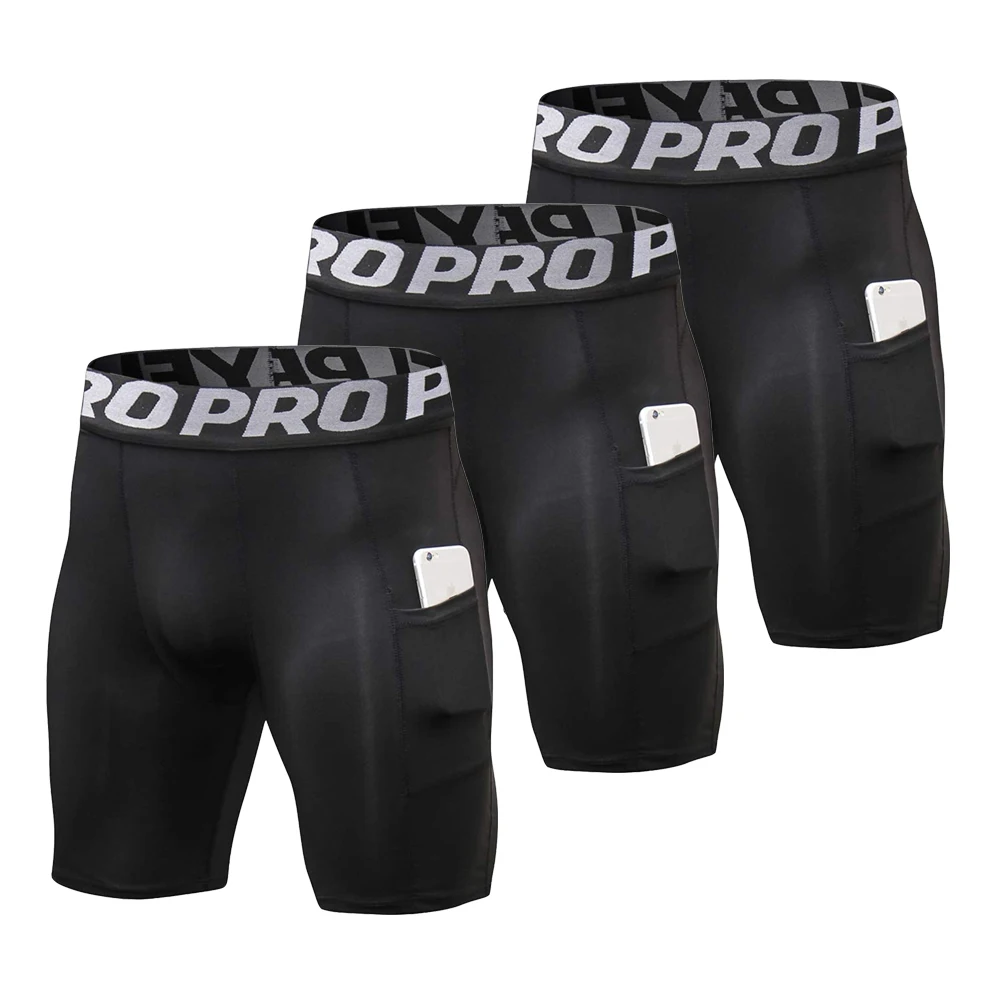 Mens Compression Shorts with Pocket Gym Workout Polyester Boxer Briefs Quick Drying Running Basketball Athletic Tights Short