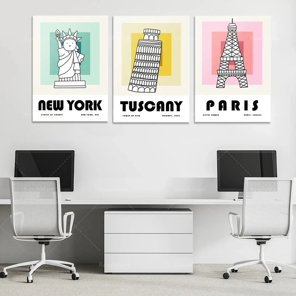 3-piece set | travel printable wall art | cute color block printing | travel poster modern art printing | New York, Tuscany, Par