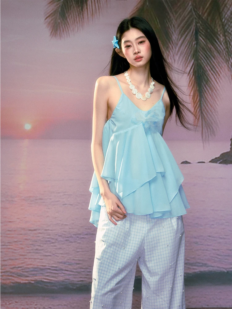 

Sweet Blue ter Top Women's Irregular Ruffle Design Original Summer Faion Polyester Vest Tops Original Design Summer Wear