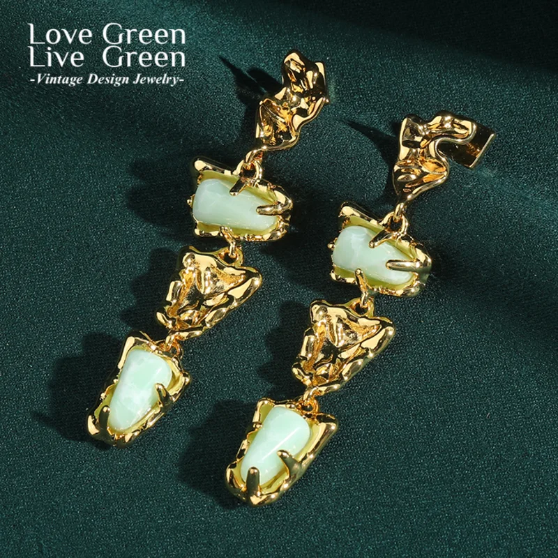 

Vintage Light Green Earrings Jade Natural Stone Shaped Drop Gold Color Quality Luxury Designer Gifts Fashion Jewelry For Women