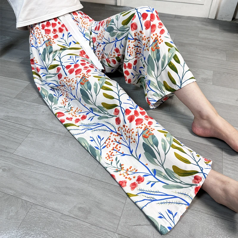 Thin Wide Leg Cotton Silk Sleepwear Pants Women Summer Home Clothes Mosquito Proof Beach Wear Casual High Waist Trousers