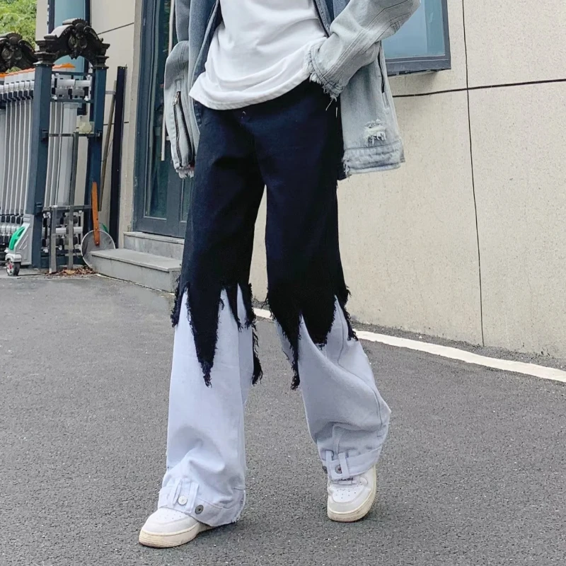 

Джинсы в стиле пэчворк, мужские осенние контрастные цвета, стильный хип-хоп, корейский стиль, подростковые повседневные хипстерские эстетические пуговицы, шикарный дизайн 2023,