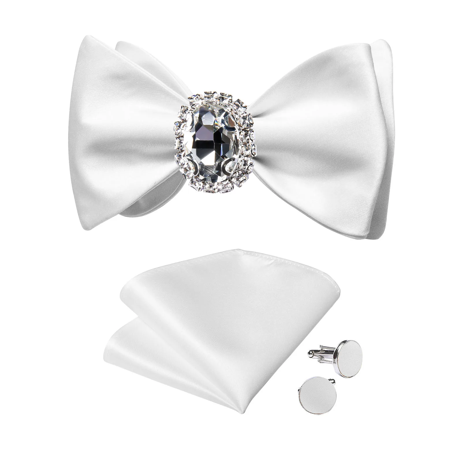 Classic White Selr-tie Bowtie with Ring Pocket Square Cufflinks Set Fashion Solid Men's Bow Tie for Wedding Groom Business Knots