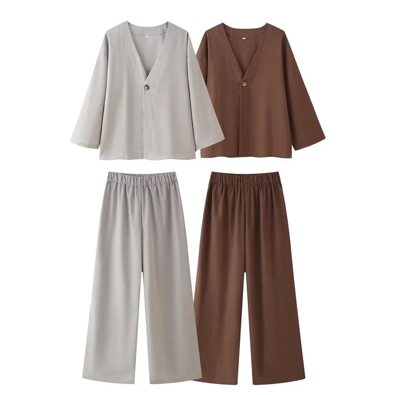 Fashion Half Bubble Sleeve V-neck One Button Shirt Sets Loose Cotton Linen High Waist Wide Leg Pant New Female Solid Casual Set