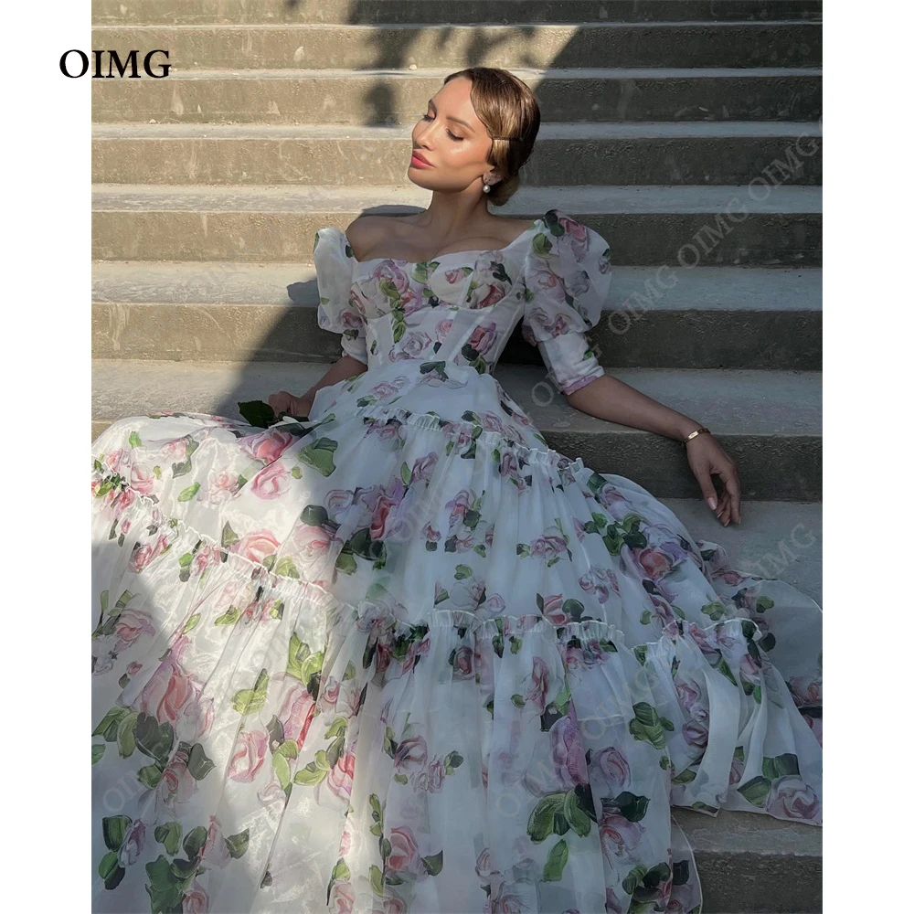 OIMG Chiffon Short Sleeves Prom Dresses Women Print Flowers Sweet A-line Formal Occasion Gown vestido Event Night Dress Prom