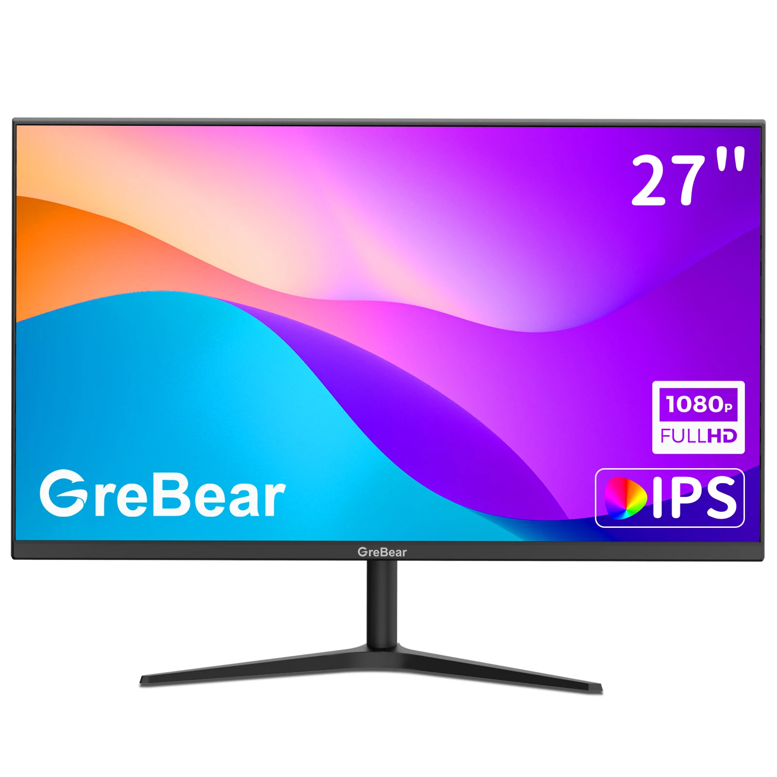 GreBear 27-inch Computer Monitor IPS Panel PC Monitors FHD 1080p 75Hz LED Display Home Office Desktop Screen, HDMI, VGA, Flicker