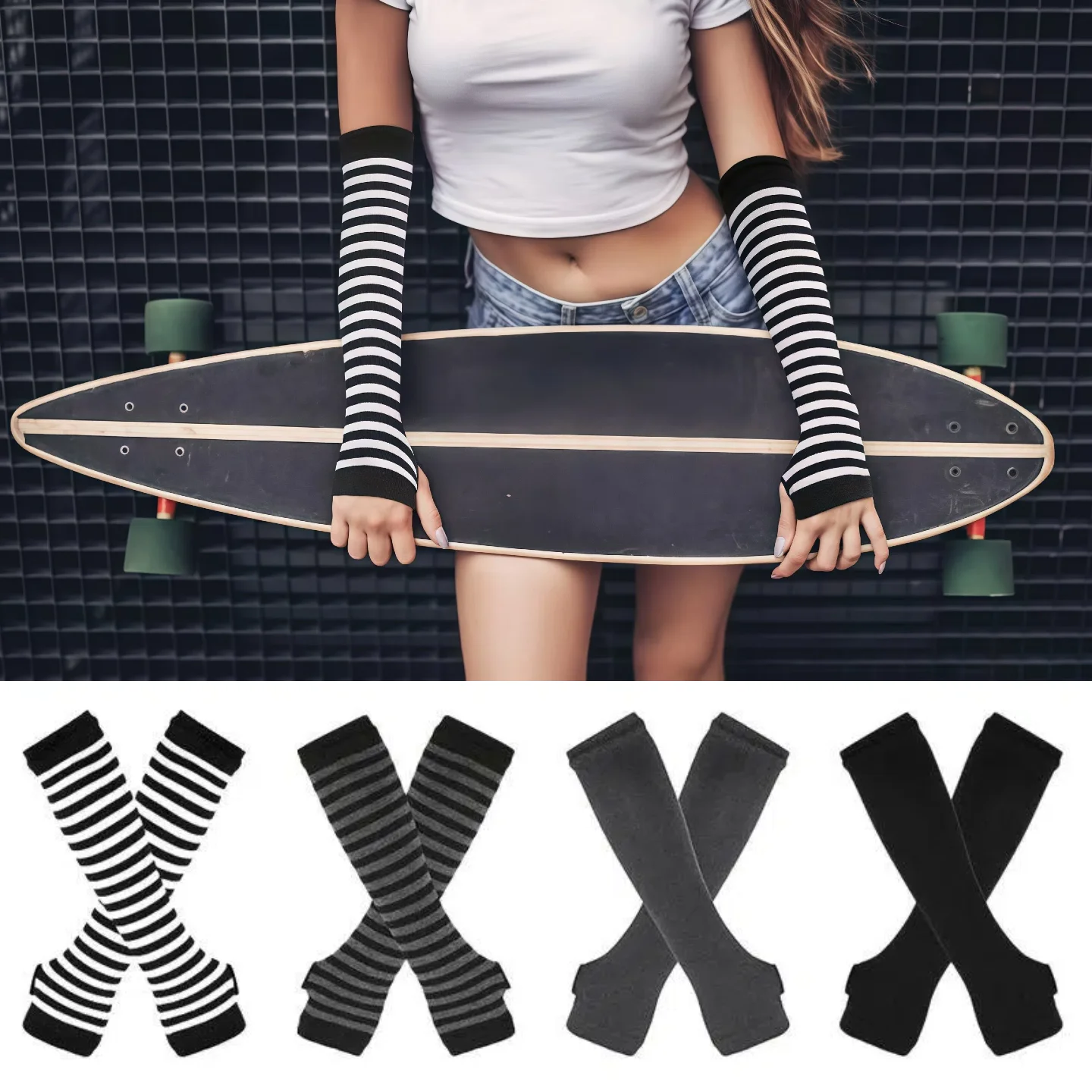 Y2K Punk Langarm-Handschuhe ohne Finger für Damen und Herren, Outdoor-Streifen-Hip-Hop-Strickhandschuhe, elastische Armstulpen