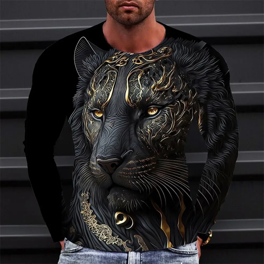 Fashionable 3D Tiger Pattern Printed Men\'s T-shirt Long Sleeved Round Neck Trendy Hot Sale A High Rate Of Second Glance
