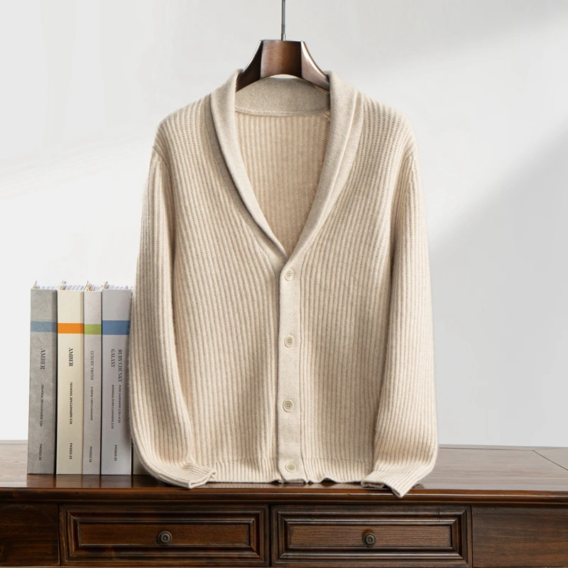 

Высокое качество, мужской 100% кашемировый свитер, костюм, кардиган с воротником, осень-зима, плотное кашемировое вязаное пальто, элегантная повседневная одежда, топы