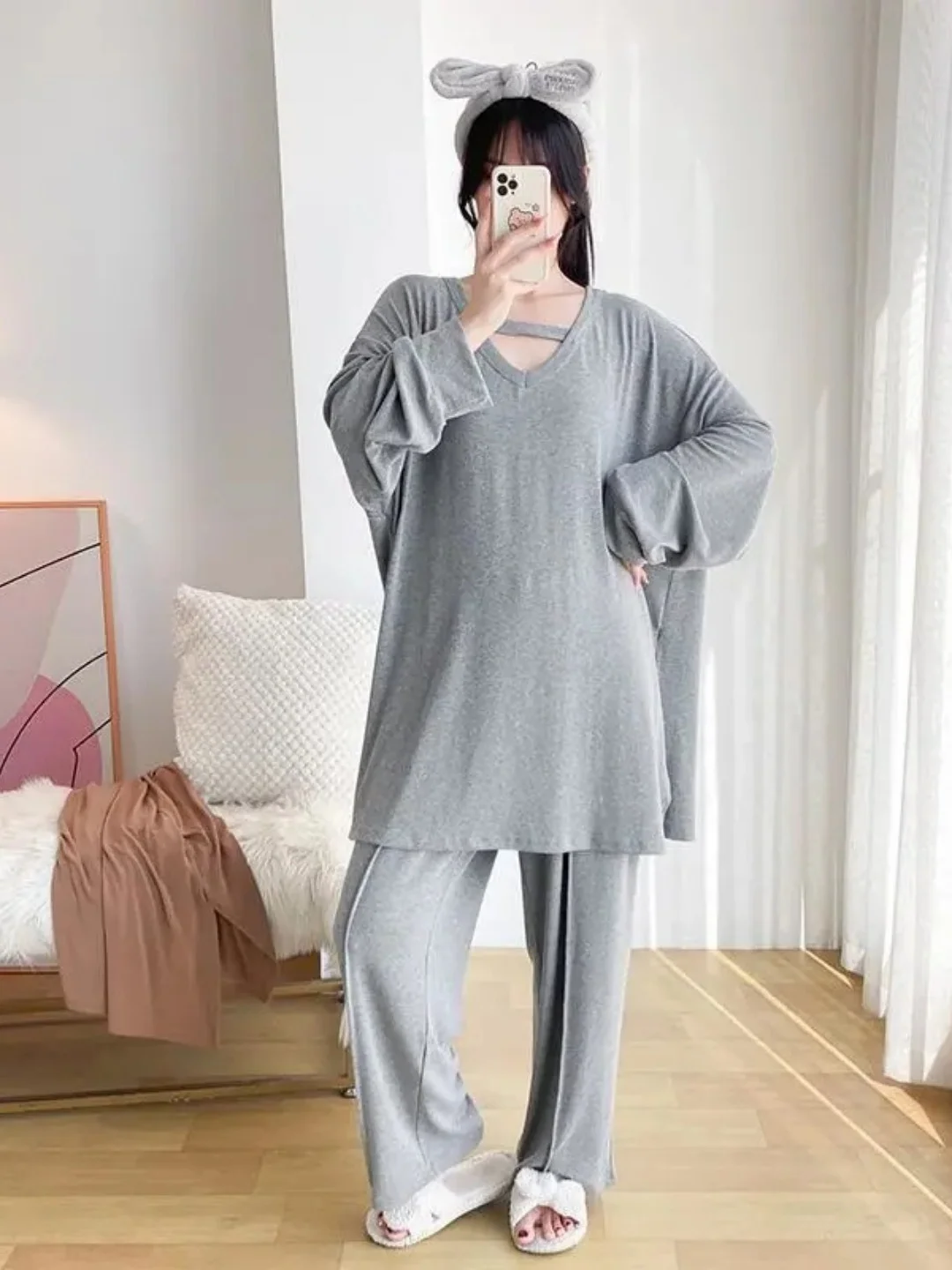 plus Size Comfortable Fashionable Home Wear Two Piece Set V Neck Hollow out Long Sleeve Pants Sleepwear Set for plus Size Women