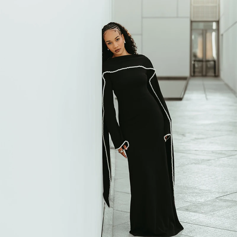 

White Pearl Trim Cape Maxi Dress Women Elegant Long Sleeve Cinched Waist Muslim Robes 2026 NEW Spring EID Abaya Lady Dresses