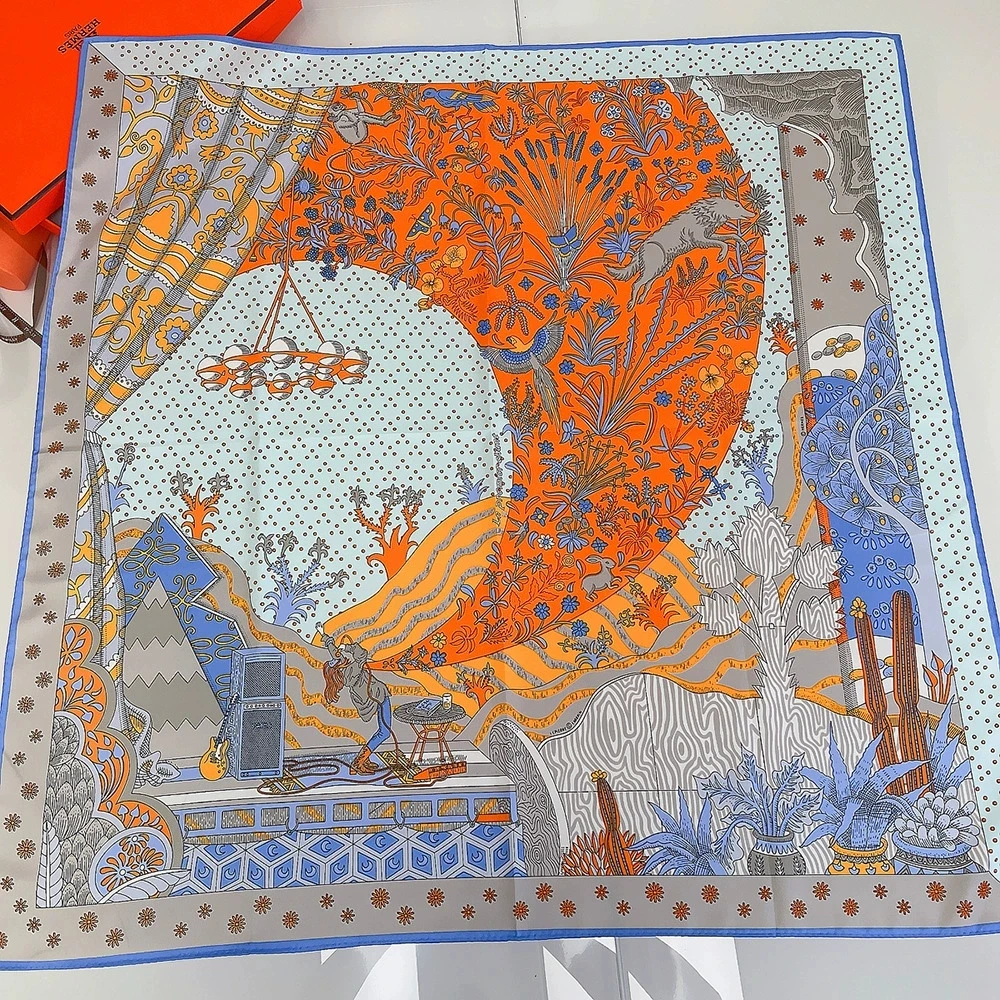 

90cm Manual Hand Rolled Twill Silk Scarf Women High-End Window View Print Square Scarves Wraps Silk Foulards Head Hijab