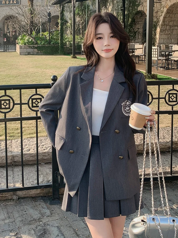 British College Style Gray Blazer and Mini Pleated Skirt Set 2025 New Spring Autumn Elegant Casual Outfit Two-piece Set Women